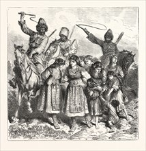 THE TURKO SERVIAN WAR, CIRCASSIANS CARYING OFF BULGARIAN WOMEN AND CHILDREN, ENGRAVING 1876,