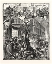 THE SHOOTING SEASON,  GAME IN THE LONDON MARKETS, ENGRAVING 1876, UK, britain, british, europe,