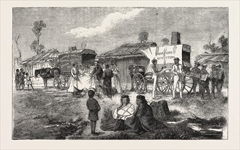 HAWKERS AT AN ABORIGINAL STATION, AUSTRALIA, GEORGETOWN, SOUTH AUSTRALIA, ENGRAVING 1876