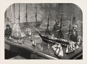 MODEL OF A FLEET OF VESSELS ON THE PHILADELPHIA EXHIBITION, FULL RIGGED SHIP, SCHOONER YACHT, TOP