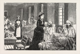 IN THE KATHERINE HOSPITAL, BELGRADE, SERBIA, ENGRAVING 1876