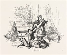 CAUGHT IN THE ACT, BOY, GIRL, CHICKEN, FOX, FARM, ENGRAVING 1876