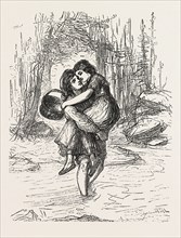 A PLEASANT BURDEN, FRIENDSHIP, LOVE, BOY, GIRL, BASKET, STREAM, , ENGRAVING 1876