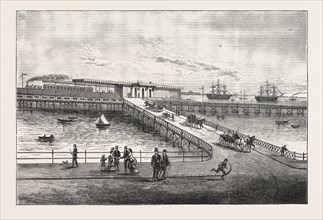 NEW PIER AND RAILWAY STATION, FOR PORTSMOUTH HARBOUR, ENGRAVING 1876, UK, britain, british, europe,