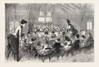 KINDERGARTEN COTTAGE, PHILADELPHIA EXHIBITION, ENGRAVING 1876, US, USA, America, United States