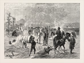 GENERAL CROOK'S CAMP AT WHITEWOOD CREEK: BRINGING IN A WOUNDED SOLDIER ON A TRAVAU, THE SIOUX WAR,