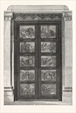 THE BRONZE DOORS PRESENTED BY THE DUKE OF BEDFORD TO BU YAN MEETING, BEDFORD, ENGRAVING 1876, UK,