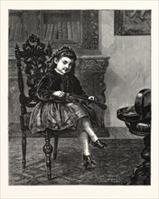 AM I SHARP ENOUGH? PICTURE BY J. GIRARDOT, ENGRAVING 1876, GIRL, VIOLIN, INTERIOR, MUSIC