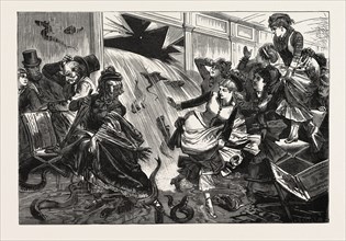 EXCITING SCENE AT THE NEW YORK AQUARIUM, BURSTING OF ONE OF THE FISH TANKS, ENGRAVING 1876, US,