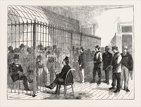 VOTERS ON ELECTION-DAY IN THE NEW POST OFFICE, NEW YORK, ENGRAVING 1876, US, USA, America, United