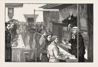 SWEARING IN SOLICITORS BEFORE THE MASTER OF THE ROLLS, ENGRAVING 1876, UK, britain, british,