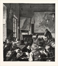 PREPARING FOR THE CHRISTMAS HOLIDAYS, THE INTERRUPTED LESSON, ENGRAVING 1876