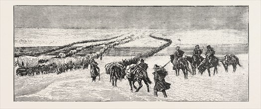 THE SIOUX WAR: THE POWDER RIVER EXPEDITION CROSSING THE PLATTE RIVER, ENGRAVING 1876, US, USA,