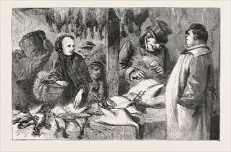 CHOOSING THE CHRISTMAS TURKEY; FAT AND LEAN, ENGRAVING 1876