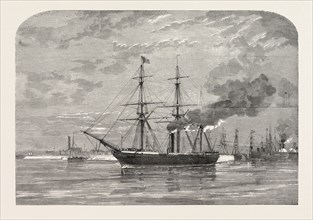 THE CHERBOURG FETES: THE PERA, MEMBERS OF THE HOUSE OF COMMONS, LEAVING SOUTHAMPTON, UK, 1858