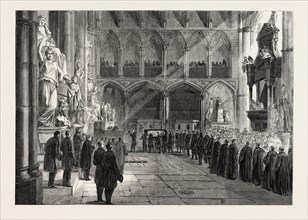 FUNERAL OF LORD PALMERSTON: THE PROCESSION TO THE GRAVE IN THE INTERIOR OF WESTMINSTER ABBEY,