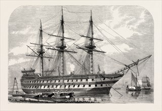 H.M.S. AGAMEMNON RECEIVING THE ATLANTIC CABLE ON BOARD FROM MESSRS. GLASSE AND ELLIOT'S WORKS, EAST