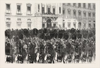 FAREWELL OF THE FIRST BATALLION OF SCOTS FUSILIER GUARDS AT BUCKINGHAM PALACE, LONDON, UK, 1854