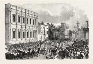 OPENING OF PARLIAMENT: THE ROYAL PROCESSION PASSING WHITEHALL, LONDON, UK, 1854