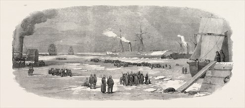 "THE NORTH SEA" STEAMER FORCING HER PASSAGE THROUGH THE ICE TO CRONSTADT, KRONSTADT, SKETCHED BY R