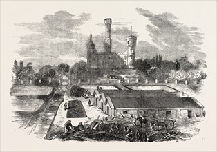 THE NEW RIVER WORKS, STOKE NEWINGTON: THE ENGINE HOUSE AND RESERVOIRS, LONDON, UK, 1856