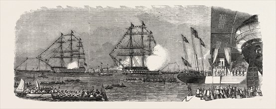 THE ARRIVAL OF HER MAJESTY AT PORTSMOUTH ON THE OCCASION OF THE LAUNCH OF THE MARLBOROUGH, UK, 1855