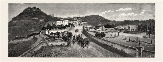 THE VILLA AND GARDENS FROM THE ROAD, THE VILLA PALMIERI, FLORENCE, ITALY, 1888 engraving