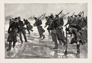 DUTCH SOLDIERS DRILLING ON THE ICE ON THE AMSTEL, HOLLAND, THE NETHERLANDS, 1888 engraving