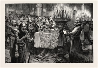 EASTER SERVICES IN SOUTH RUSSIA, KISSING THE BODY OF CHRIST, 1888 engraving