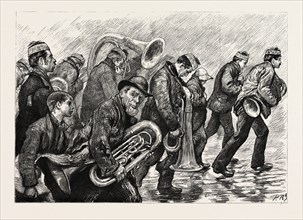 A LEAGUE BAND IN THE RAIN IRELAND, 1888 engraving