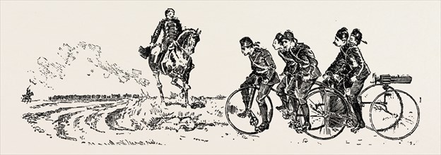 BRINGING UP THE GUNS, bicycle, bicycles, 1888 engraving