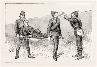 AND BEING UNABLE TO WALK I WAS PLACED ON A STRETCHER, 1888 engraving