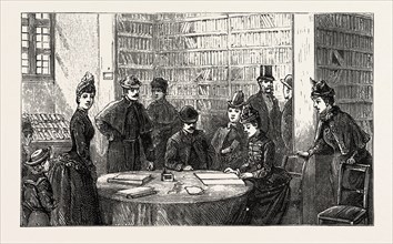 BRITISH RESIDENTS AT FLORENCE SIGNING AN ADDRESS OF WELCOME TO HER MAJESTY, 1888 engraving
