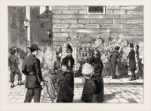 FLORENCE, ITALY, A FLOWER STALL AT THE CORNER OF THE STROZZI PALACE, VIA TORNABUONI, 1888 engraving