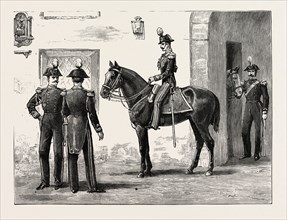 THE QUEEN AT FLORENCE, ITALY, GUARD OF ROYAL CARABINEERS AT THE GATE OF THE VILLA PALMIER, HER