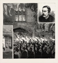 LORD SALISBURY AT CARNARVON, NORTH WALES, THE TORCHLIGHT PROCESSION PASSING UNDER THE GUILDHALL