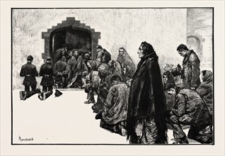 OUTSIDE THE CHAPEL, WOODFORD BOYCOTTED POLICE IRELAND, 1888 engraving