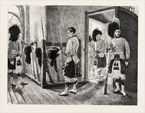 MEN OF' THE BLACK WATCH IN THE GUARD-ROOM, DUBLIN CASTLE IRELAND, 1888 engraving