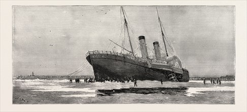 THE CHANNEL STEAMER INVICTA STRANDED OUTSIDE CALAIS HARBOUR FRANCE, 1888 engraving