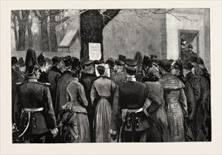 THE ILLNESS OF THE GERMAN EMPEROR, OUTSIDE THE GUARD HOUSE CHARLOTTENBURG GERMANY, 1888 engraving