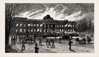 THE BURNING OF LAEKEN CASTLE, BRUSSELS, THE RESIDENCE OF KING LEOPOLD, BELGIUM, Engraving 1890
