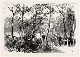 BOURNEMOUTH, VIEW IN PUBLIC GARDENS, ENGRAVING 1890, UK, britain, british, europe, united kingdom,