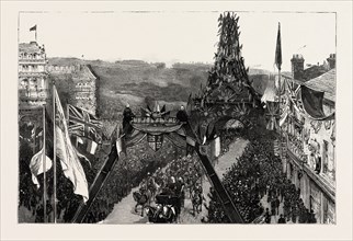 BOURNEMOUTH, THE ROYAL PROCESSION PASSING UNDER THE EIFFEL TOWER FROM THE GARDENS, engraving 1890,