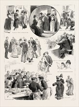 AMUSEMENTS AT THE PEOPLE'S PALACE, MILE END ROAD, A SUBSCRIPTION DANCE, LONDON, engraving 1890, UK,