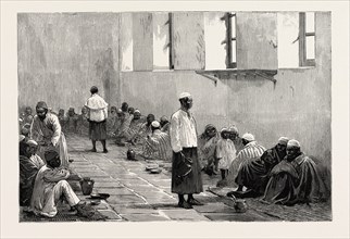 EMIN PASHA'S PEOPLE  AT HOME IN THE ABBASSIYEH BARRACKS, CAIRO, EGYPT, engraving 1890