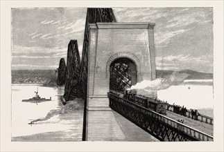 RUNNING THE FIRST TRAIN OVER THE NEW FORTH BRIDGE, engraving 1890, UK, U.K., Britain, British,