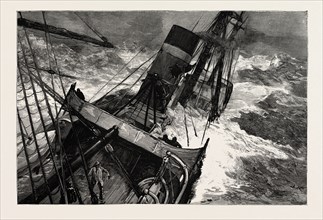 T HE CANADIAN SS. SARDINIAN  CROSSING THE ATLANTIC IN THE RECENT GALES, engraving 1890
