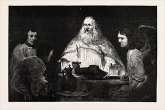 ABRAHAM AT TABLE WITH THE ANGELS, picture attributed to Rembrandt, engraving 1890