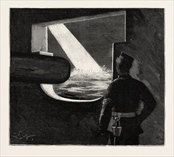 NIGHT QUARTERS ON BOARD A MAN OF WAR, THE TARGET FROM A MAINDECK PORT, engraving 1890