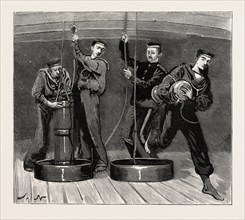 NIGHT QUARTERS ON BOARD A MAN OF WAR, GETTING UP POWDER, engraving 1890